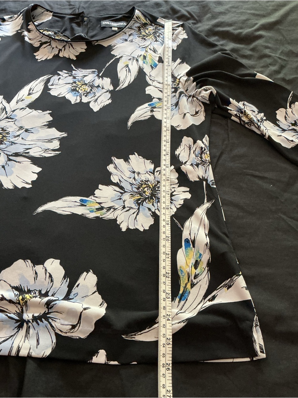 Karl Lagerfeld Black Floral Bell-Sleeve Top with White and Blue Blooms - Picture 9 of 11